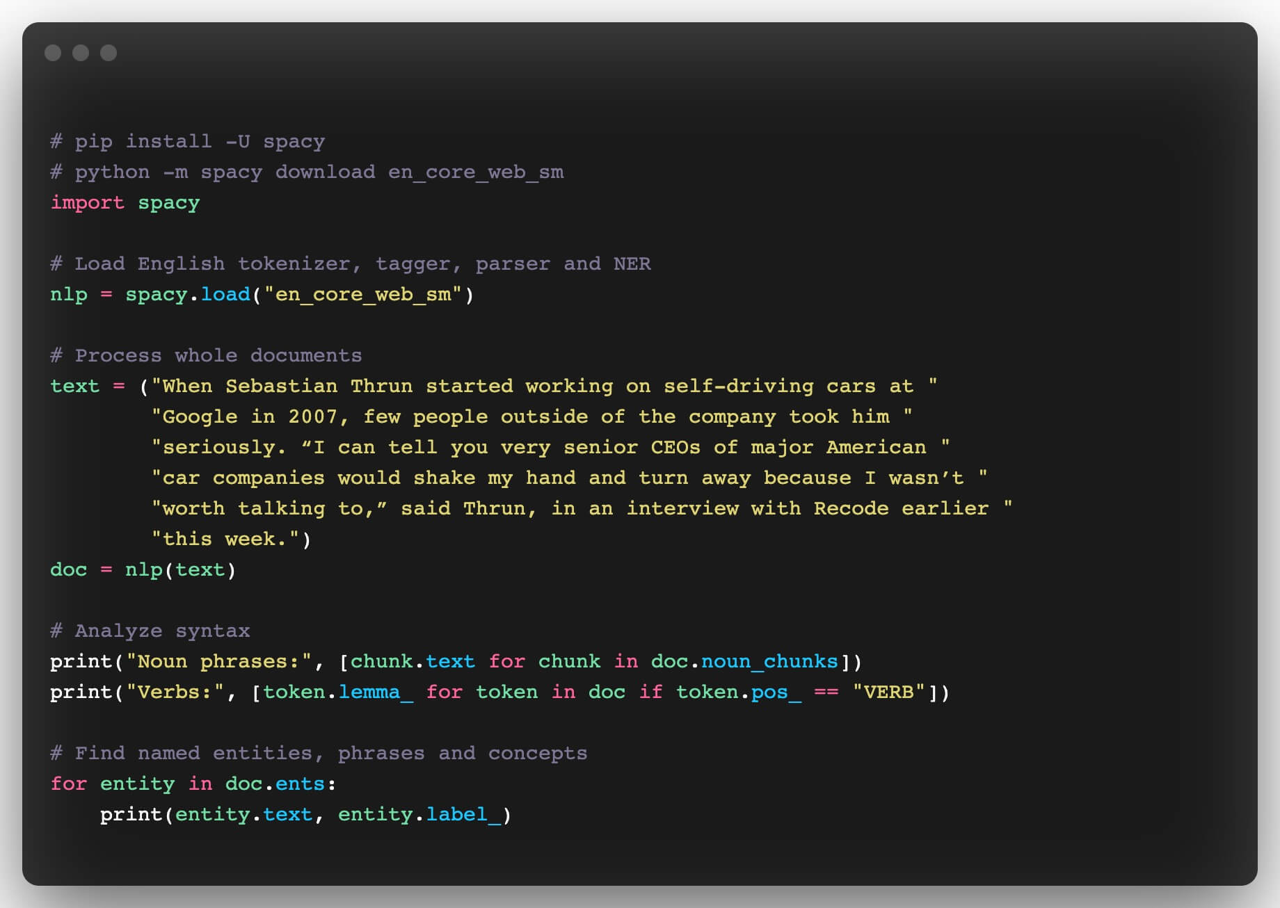 Spacy python library for nlp